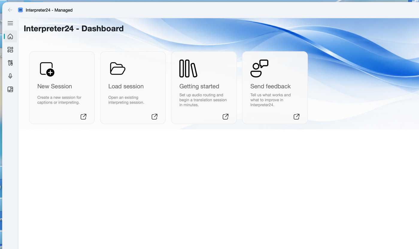 Interpreter24 dashboard with the New Session card